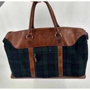 Pendleton Plaid Weekender Tote Bag Leather Wool Tartan Green Blue 19 x 13 x 8